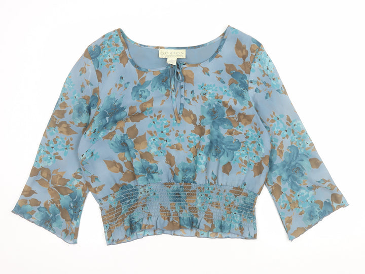 Norton McNaughton Women’s Blue Floral Chiffon Blouse Size L 3/4 Sleeve