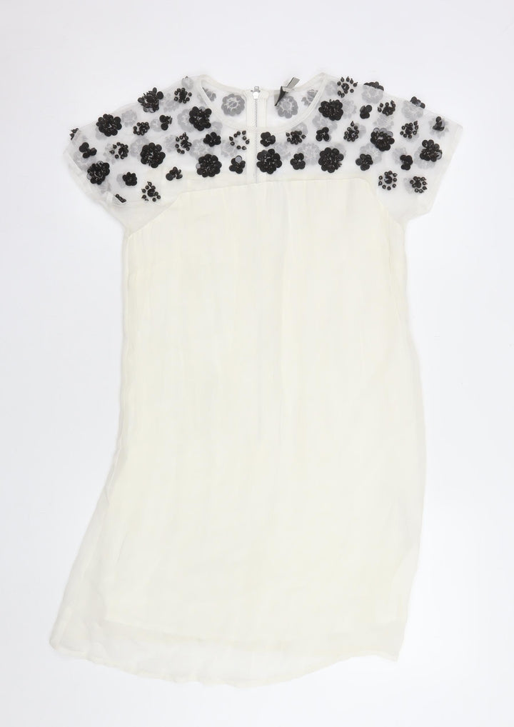 ASOS Women’s Ivory Floral Beaded Shift Dress Size 8 Short Sleeve