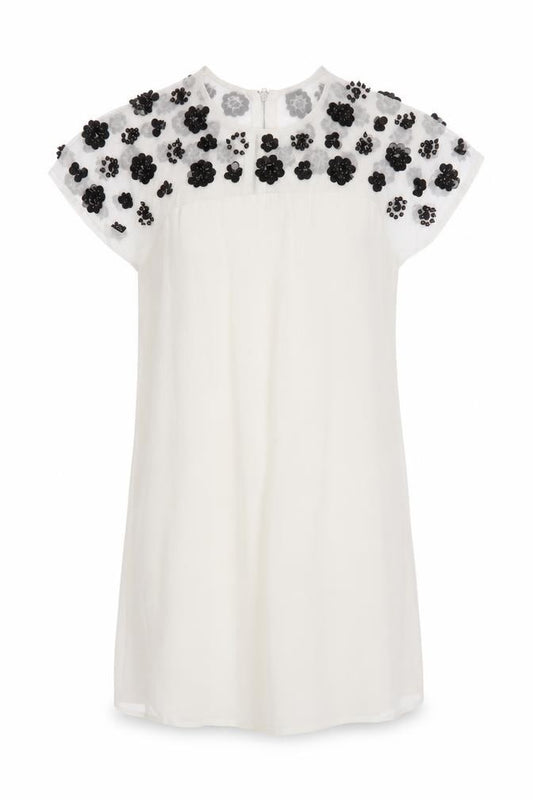 Front view of ASOS Women’s Ivory Floral Beaded Shift Dress, size UK 8, Short Sleeve