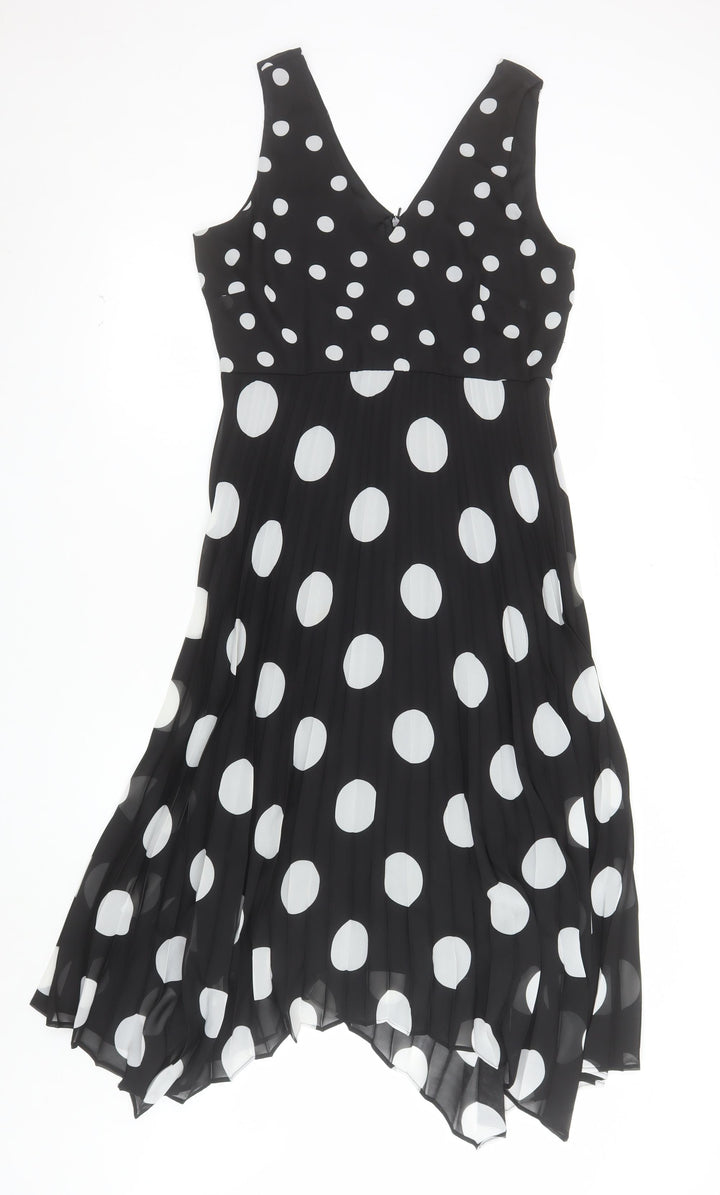 Wallis Women’s Black White Polka Dot A-Line V-Neck Sleeveless Dress UK 10
