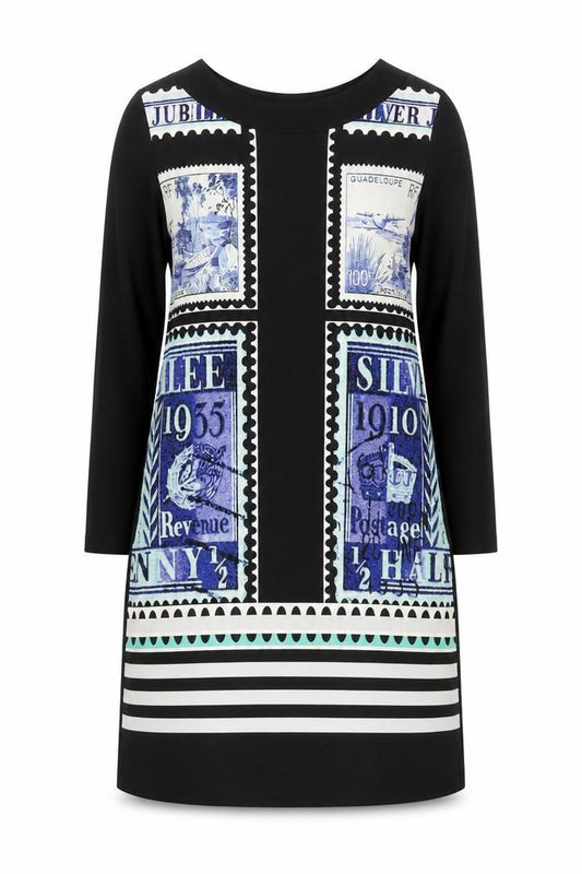 Front view of Olsen women’s blue graphic shift dress, size UK 12, long sleeve