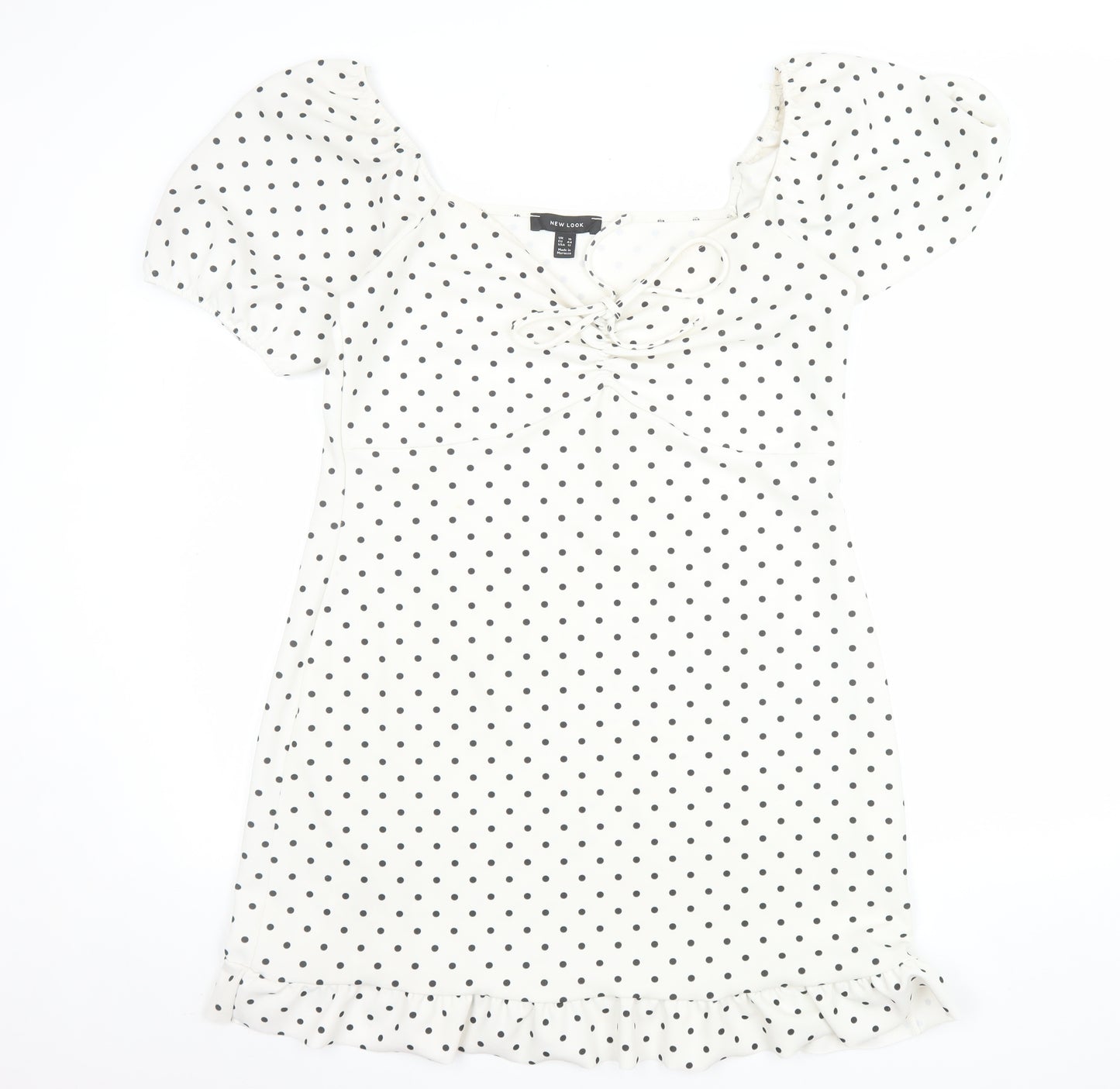 New Look Women White Polka Dot Mini Dress Size 16 Puff Sleeve