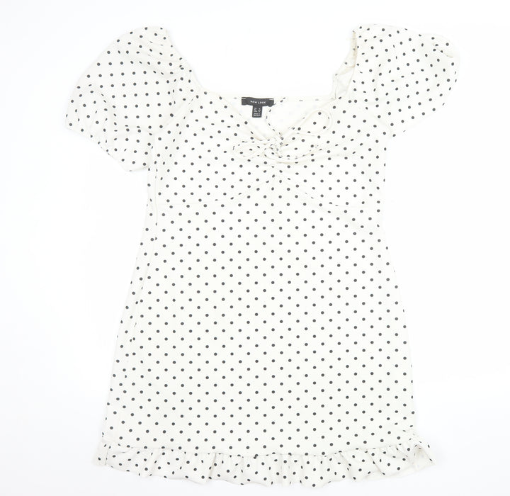 New Look Women White Polka Dot Mini Dress Size 16 Puff Sleeve