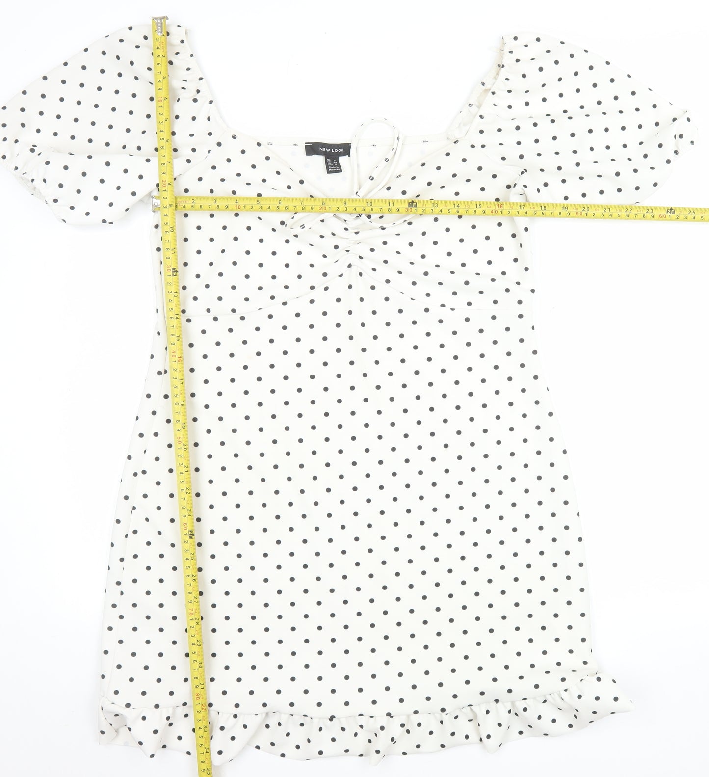 New Look Women White Polka Dot Mini Dress Size 16 Puff Sleeve