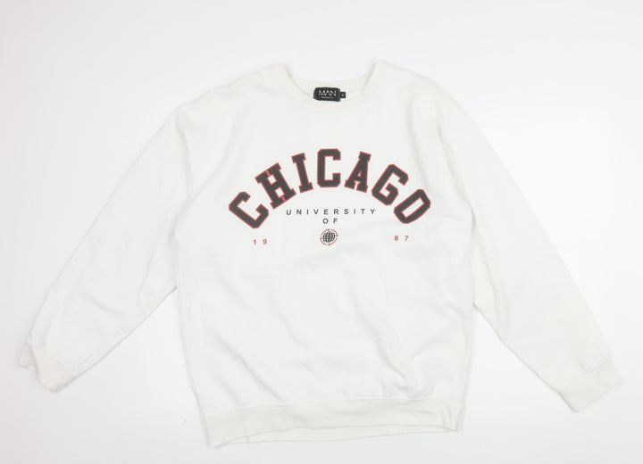 boohooMAN Unisex White Chicago Graphic Pullover Sweatshirt Size M