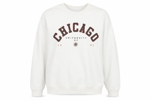 Front view of boohooMAN unisex white chicago graphic pullover sweatshirt, size M