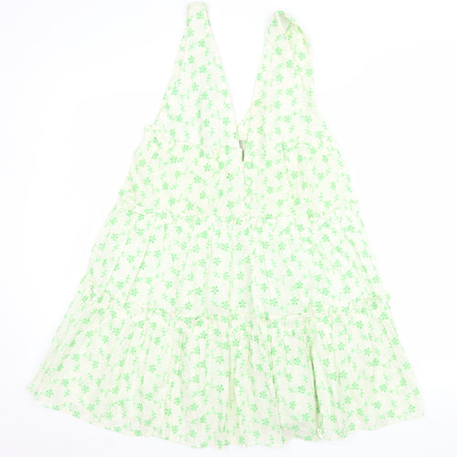 ASOS Women Green Floral Cotton Swing Dress Size 8 Sleeveless V-Neck