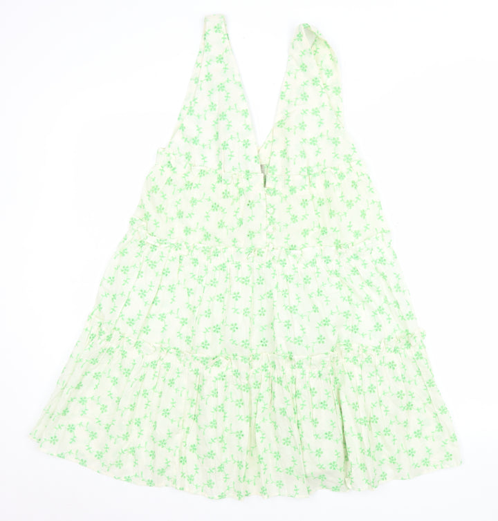 ASOS Women Green Floral Cotton Swing Dress Size 8 Sleeveless V-Neck