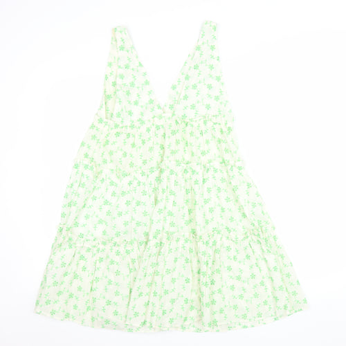 ASOS Women Green Floral Cotton Swing Dress Size 8 Sleeveless V-Neck
