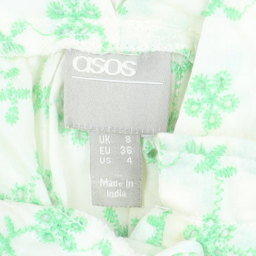 ASOS Women Green Floral Cotton Swing Dress Size 8 Sleeveless V-Neck