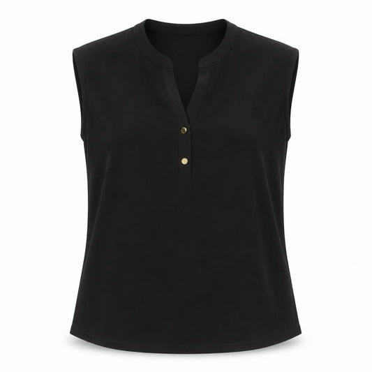 Front view of Anne Klein Women's Black Sleeveless V-Neck Button Blouse, size S