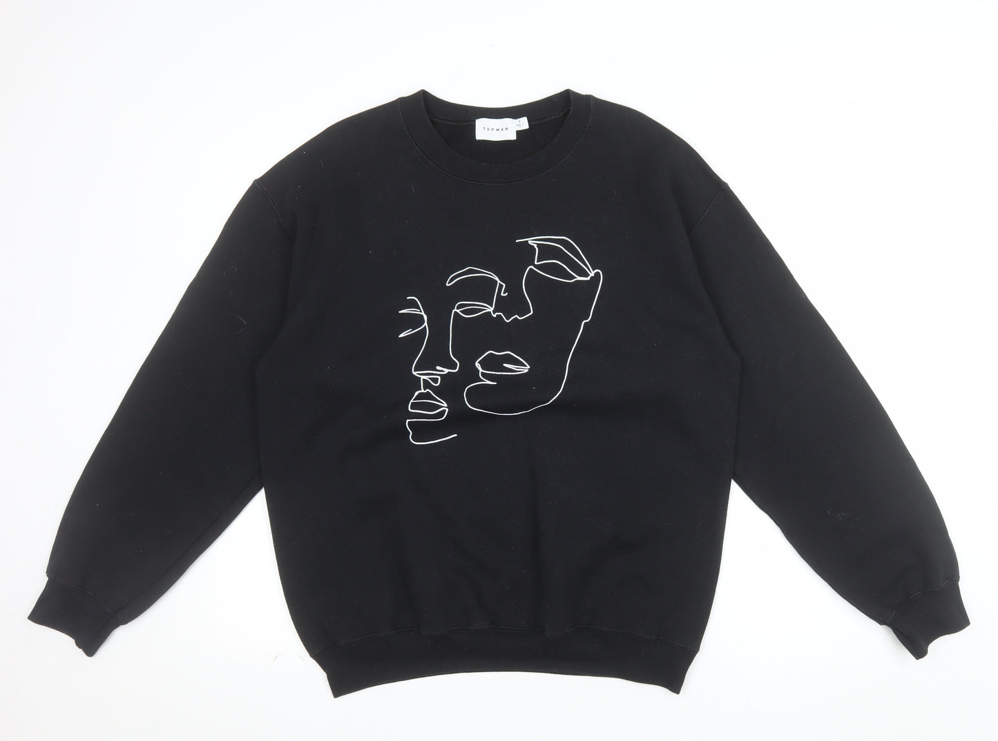 Topman Men's Black Art Face Embroidered Sweatshirt Size S Regular Fit
