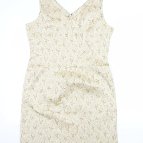 BHS Women’s Beige Floral Jacquard Sheath Dress Size 16 Sleeveless V-Neck