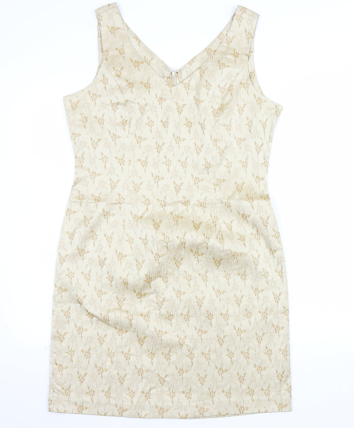 BHS Women’s Beige Floral Jacquard Sheath Dress Size 16 Sleeveless V-Neck