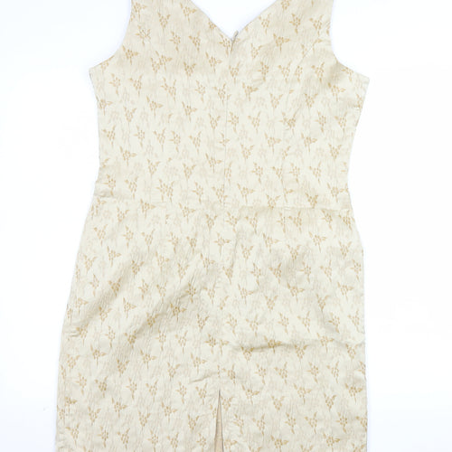 BHS Women’s Beige Floral Jacquard Sheath Dress Size 16 Sleeveless V-Neck