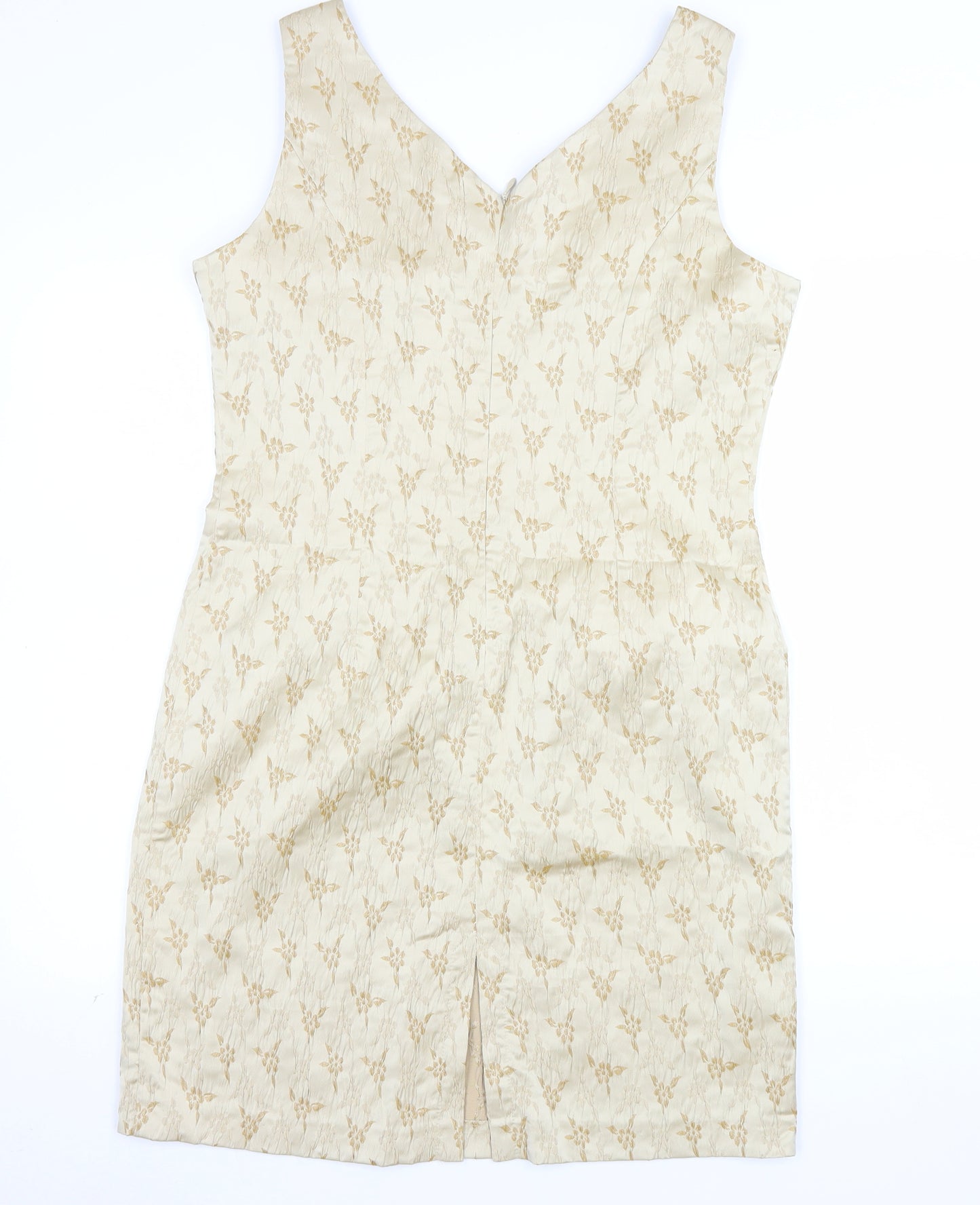 BHS Women’s Beige Floral Jacquard Sheath Dress Size 16 Sleeveless V-Neck