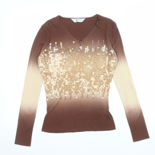 KT Womens Brown Sequin V-Neck Long Sleeve Knit Top Size 16