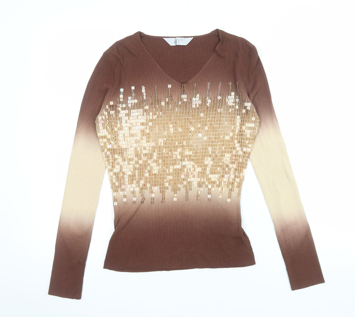KT Womens Brown Sequin V-Neck Long Sleeve Knit Top Size 16