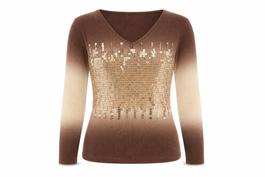 Front view of KT women’s brown sequin v-neck long sleeve knit top, size UK 16