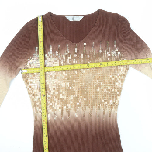 KT Womens Brown Sequin V-Neck Long Sleeve Knit Top Size 16