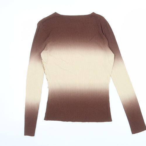 KT Womens Brown Sequin V-Neck Long Sleeve Knit Top Size 16