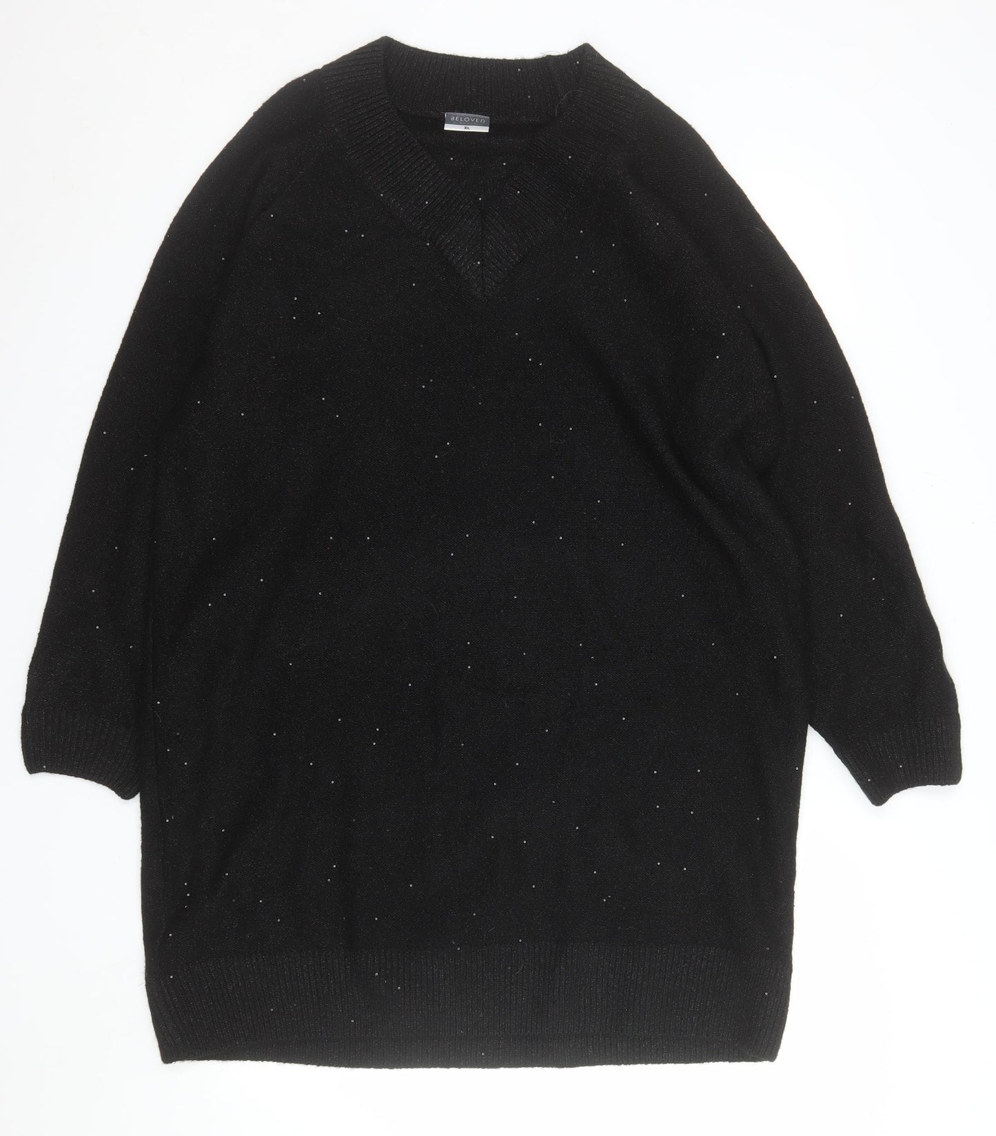 Beloved Women Black XL V-Neck Short Sleeve Sparkle Pullover Jumper