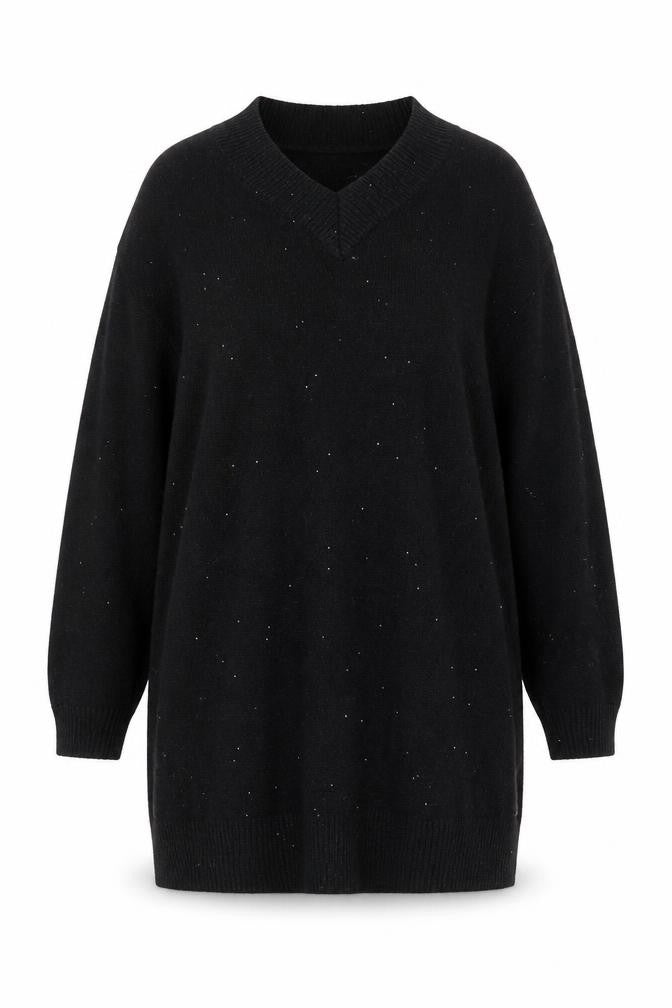 Front view of Beloved Women Black XL V-Neck Short Sleeve Sparkle jumper