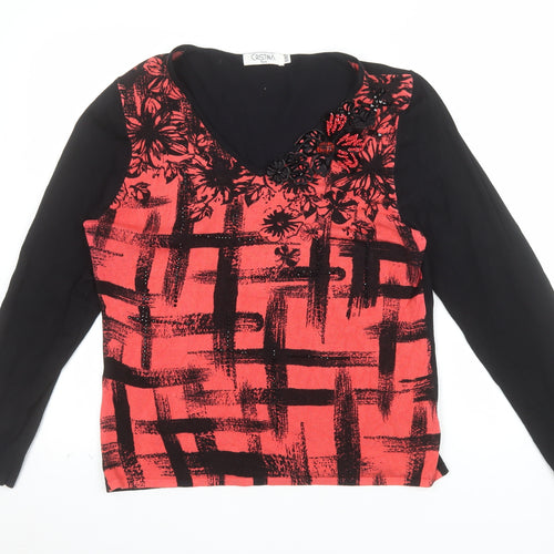 Cristina Paris Womens Red Black Floral Beaded Viscose Tunic Top Size M