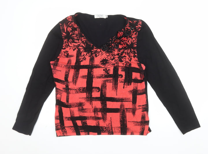 Cristina Paris Womens Red Black Floral Beaded Viscose Tunic Top Size M