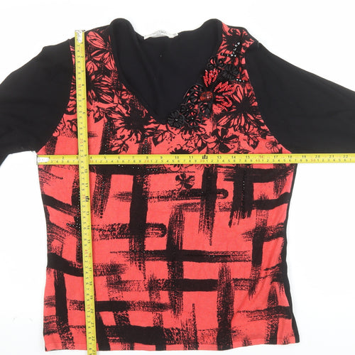 Cristina Paris Womens Red Black Floral Beaded Viscose Tunic Top Size M