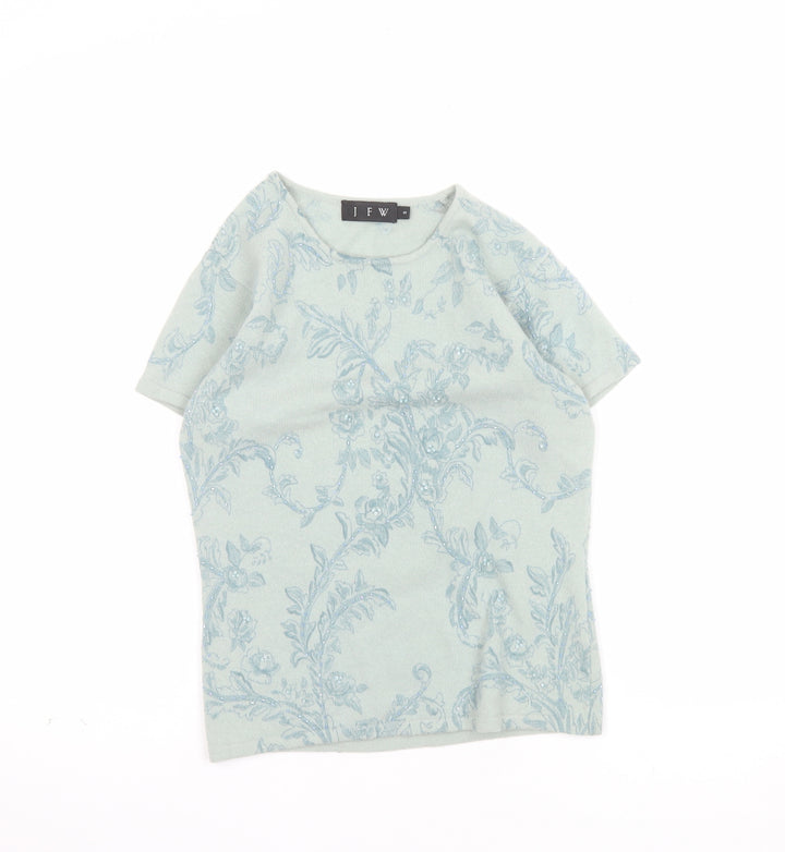 JFW Womens Green Floral Angora Wool Short Sleeve Pullover Jumper Size S