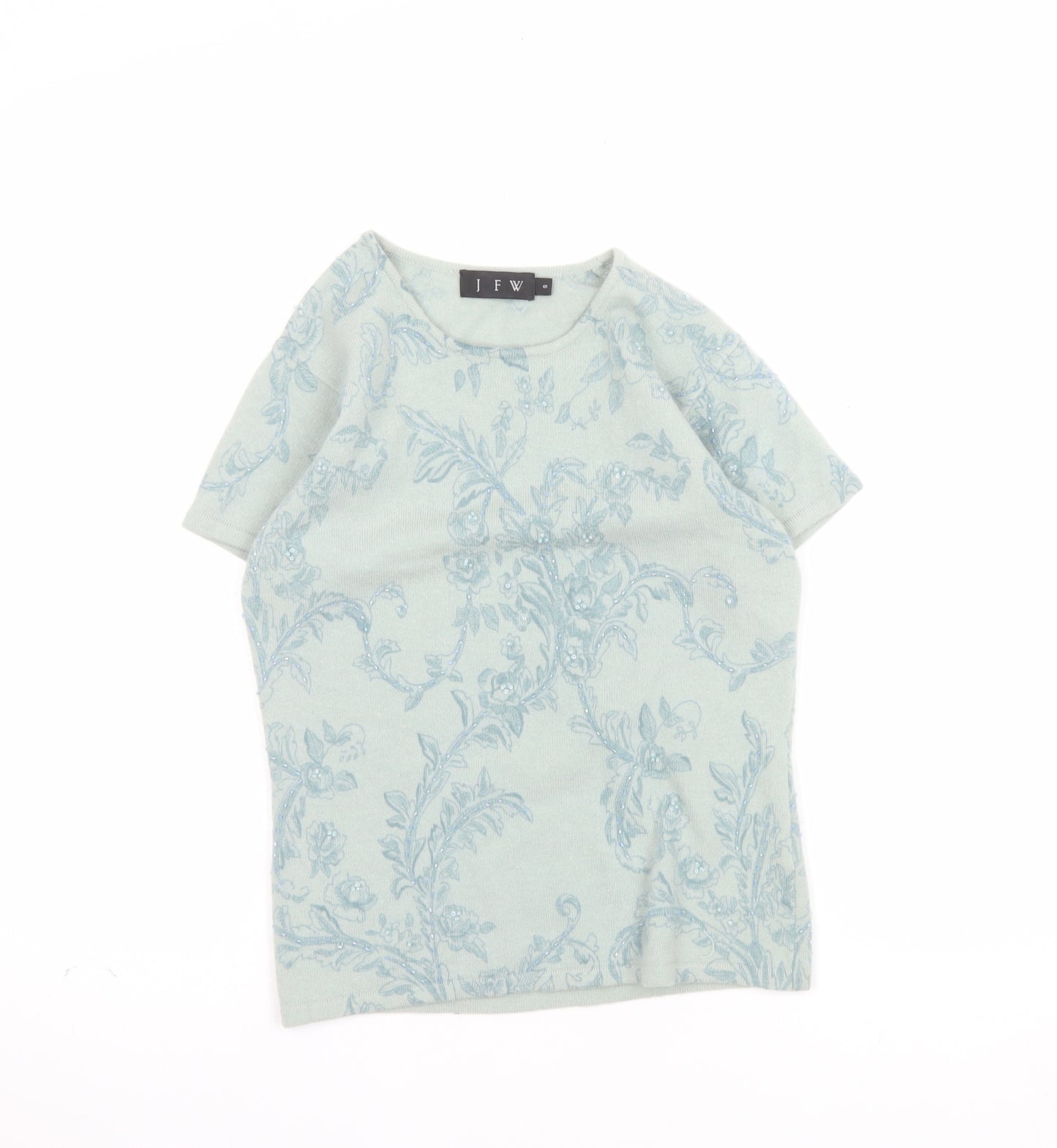 JFW Womens Green Floral Angora Wool Short Sleeve Pullover Jumper Size S