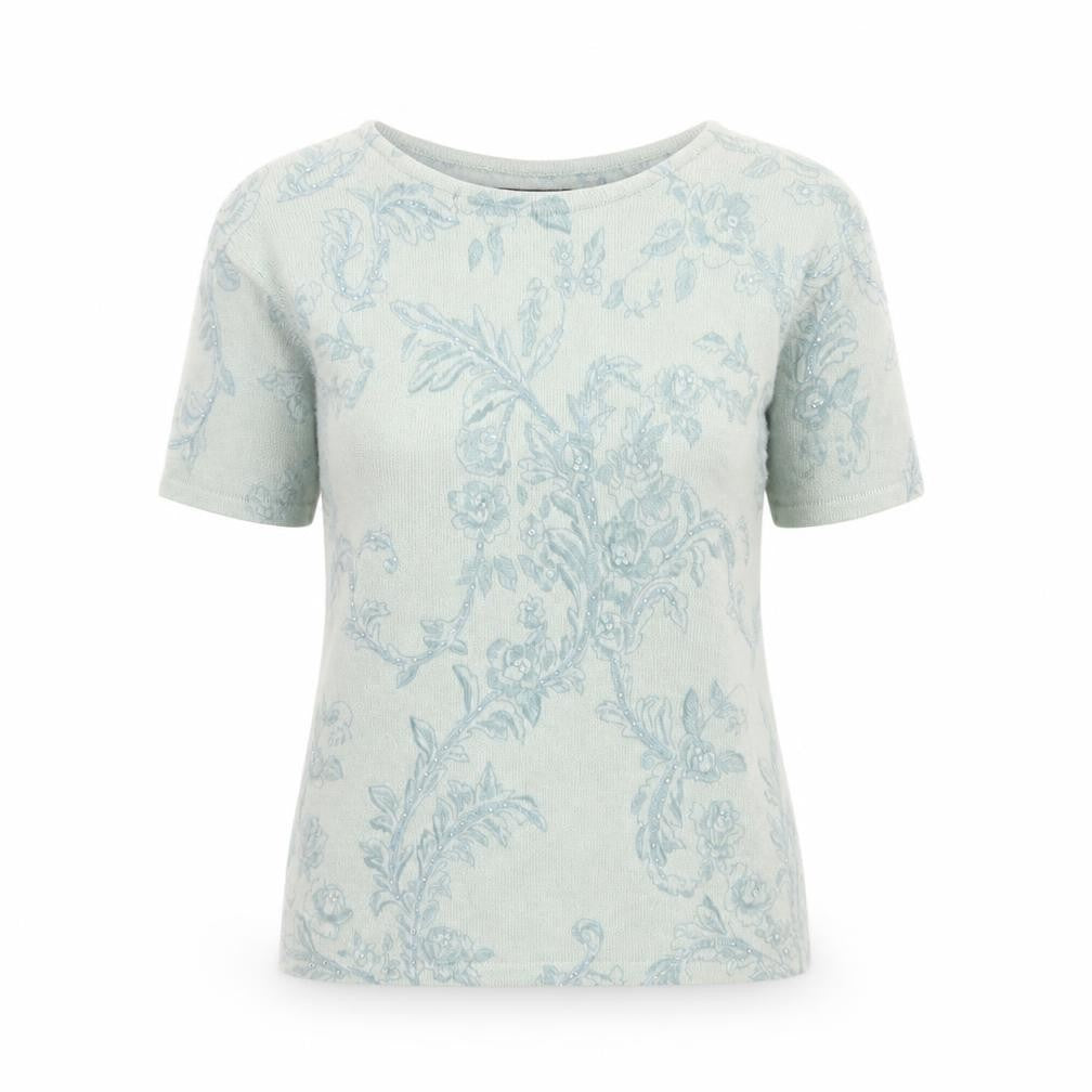 Front view of JFW women’s green floral angora wool short sleeve jumper, size S