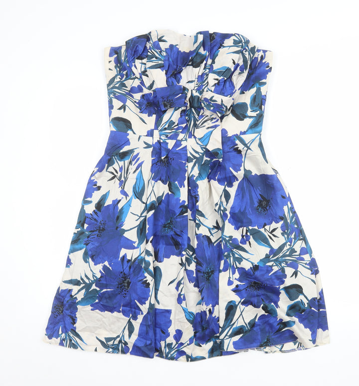 Dorothy Perkins Women Blue Floral Strapless A-Line Dress Size 12