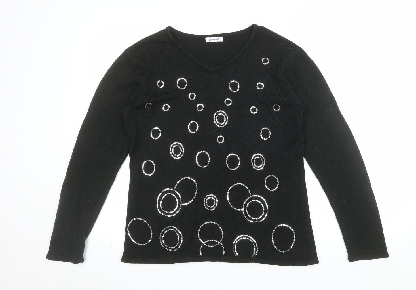 Damart Women’s Black Sequin V-Neck Acrylic Pullover Jumper Size S