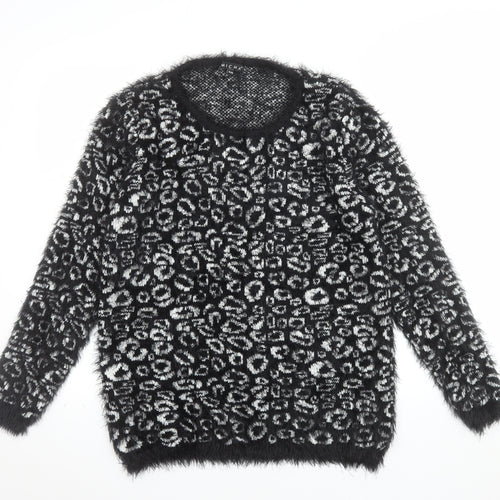 Micha Women’s Black Animal Print Fluffy Knit Jumper S Round Neck