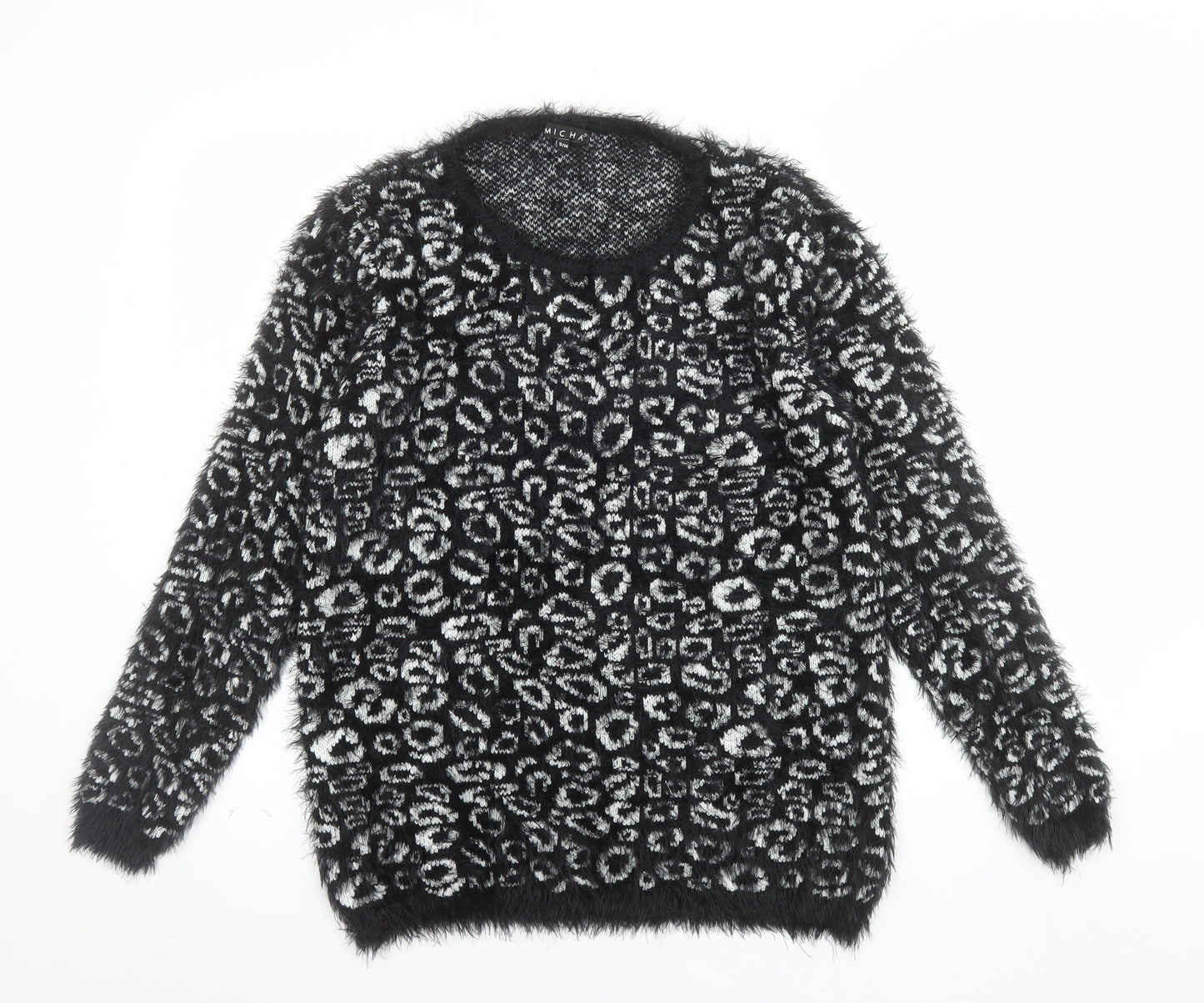 Micha Women’s Black Animal Print Fluffy Knit Jumper S Round Neck