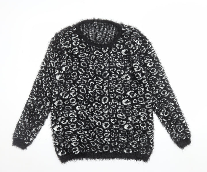 Micha Women’s Black Animal Print Fluffy Knit Jumper S Round Neck