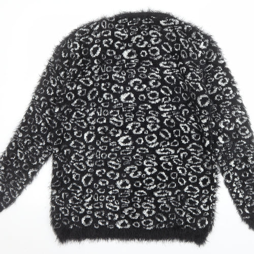 Micha Women’s Black Animal Print Fluffy Knit Jumper S Round Neck