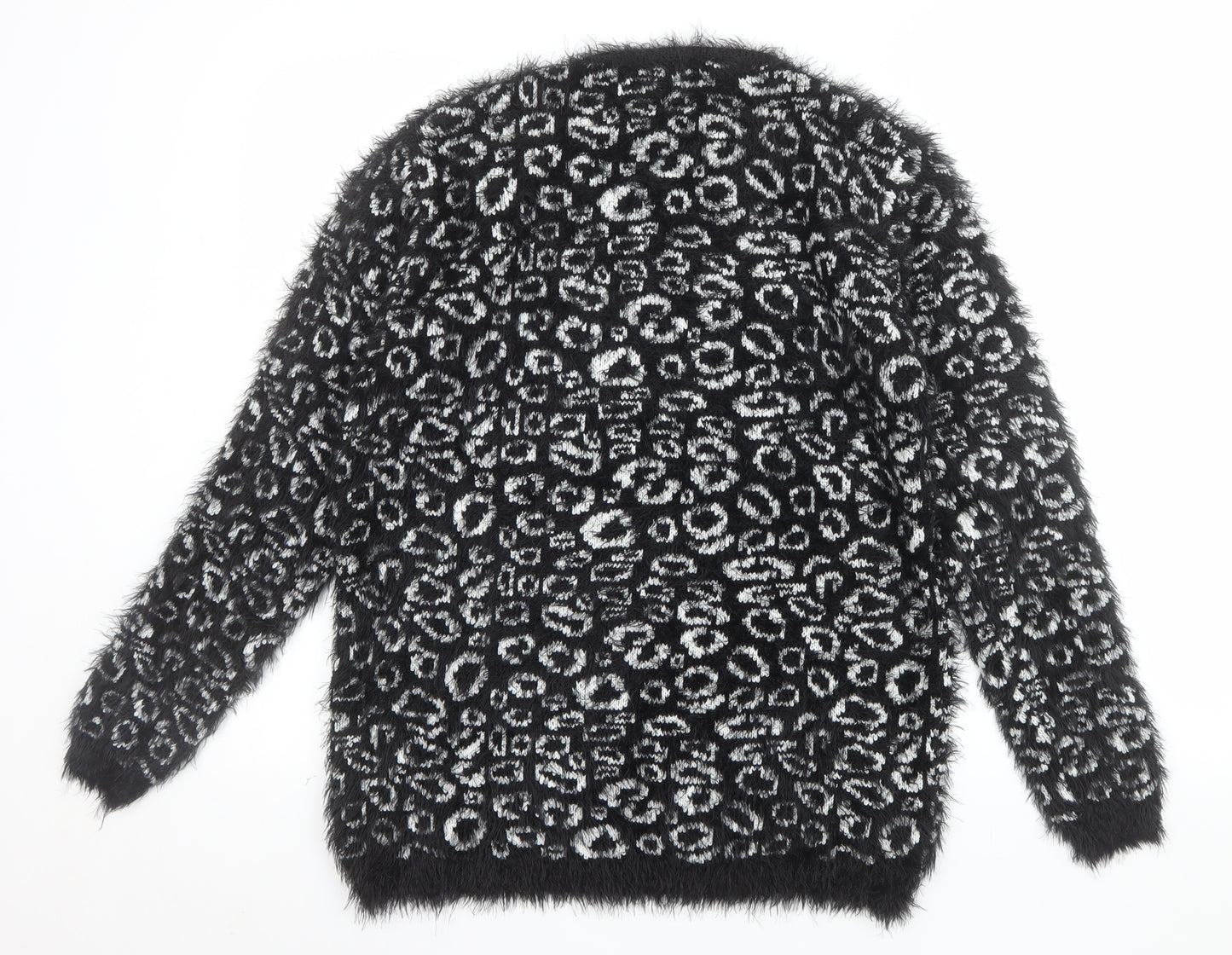 Micha Women’s Black Animal Print Fluffy Knit Jumper S Round Neck