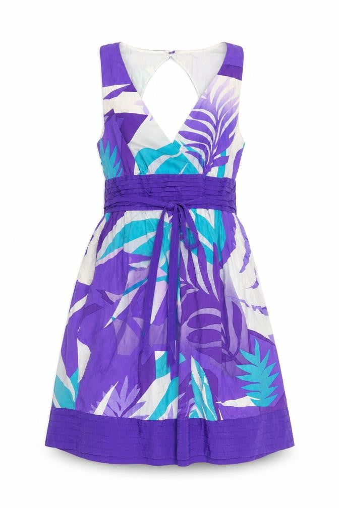 Front view of Warehouse Women's Multicoloured Silk Fit & Flare Dress, size 12