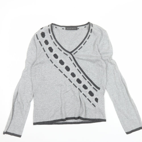 Alex & Co. Womens Grey V-Neck Geometric Knit Jumper Size 12