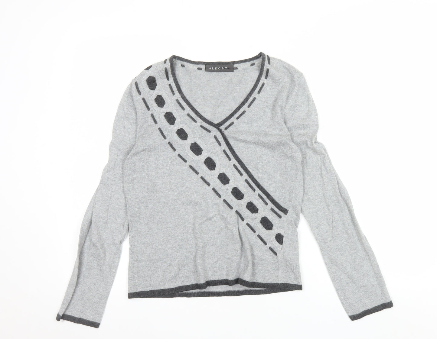 Alex & Co. Womens Grey V-Neck Geometric Knit Jumper Size 12