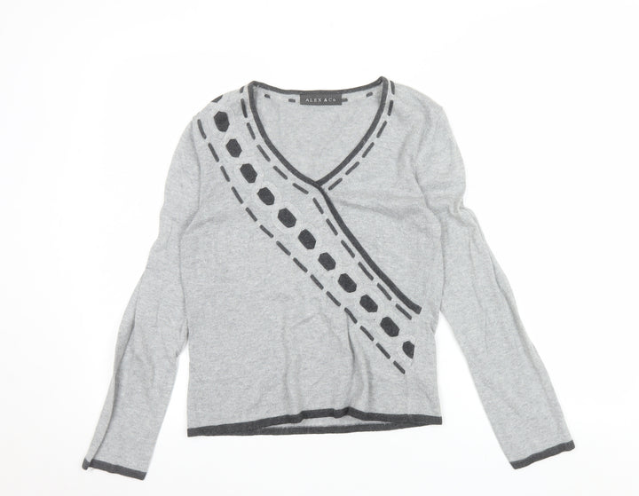 Alex & Co. Womens Grey V-Neck Geometric Knit Jumper Size 12