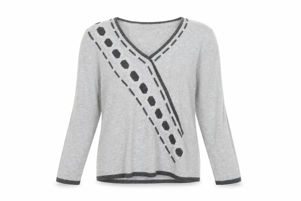 Front view of Alex & Co. women’s grey v-neck geometric knit jumper, size UK 12