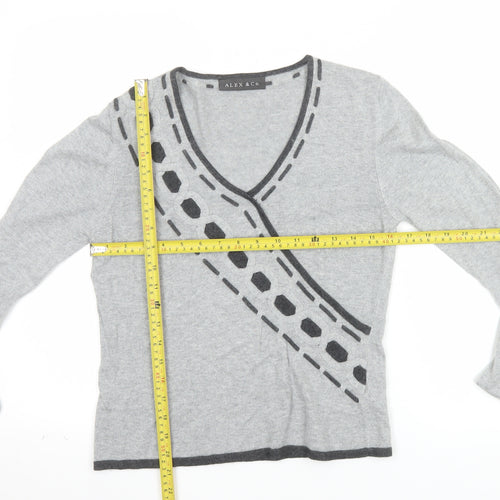 Alex & Co. Womens Grey V-Neck Geometric Knit Jumper Size 12