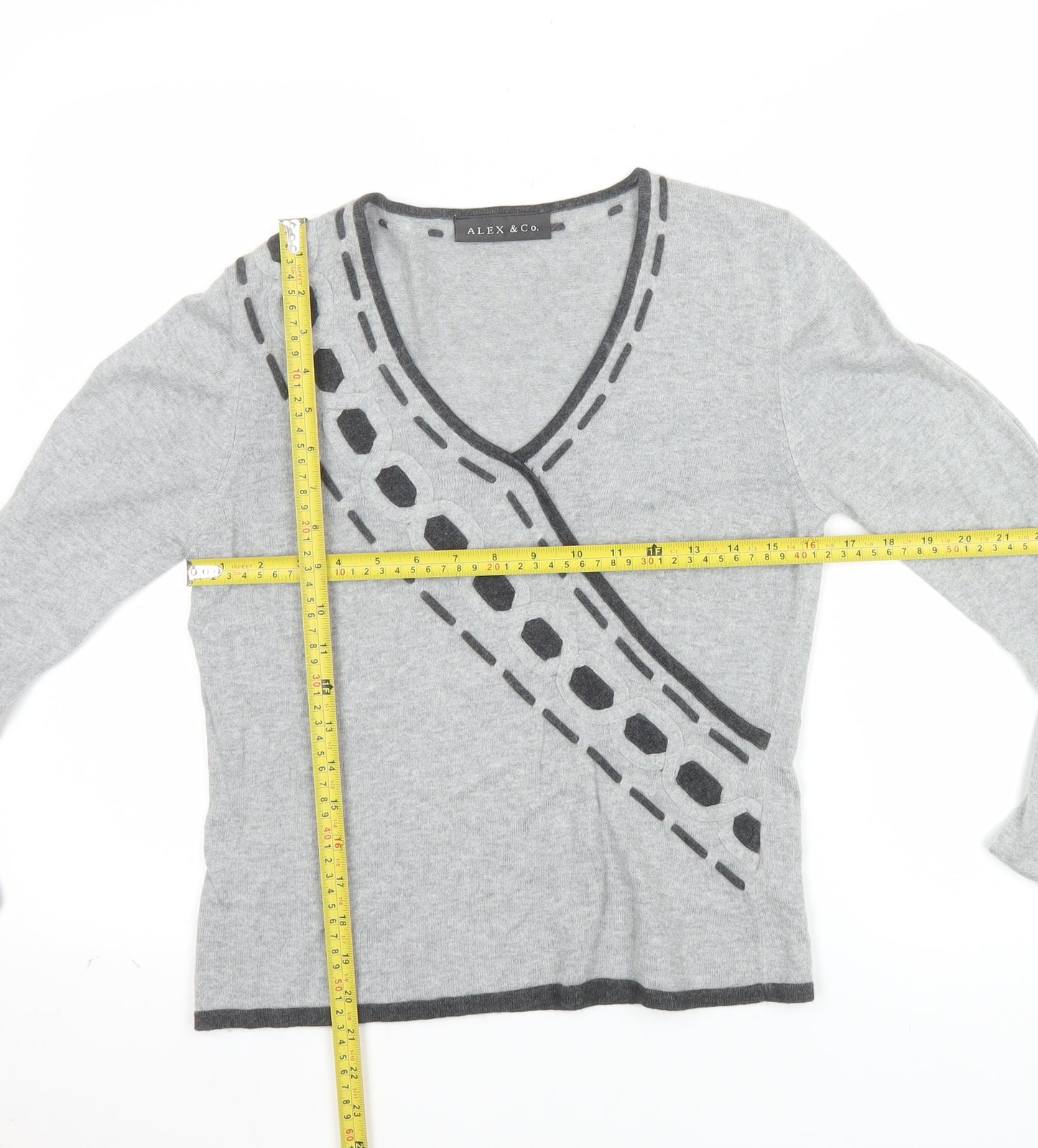 Alex & Co. Womens Grey V-Neck Geometric Knit Jumper Size 12