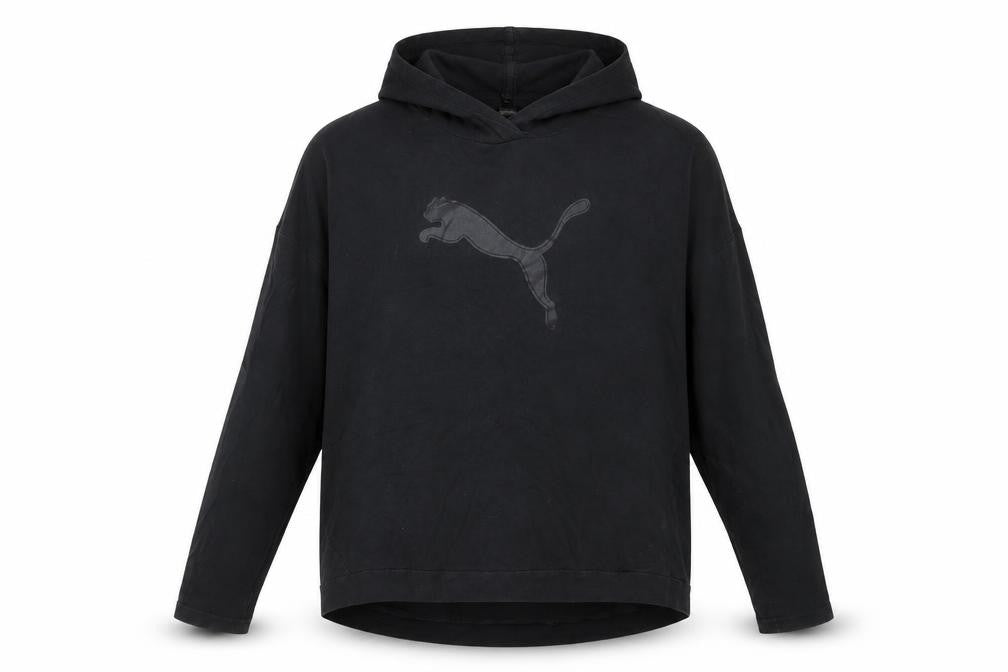 Front view of Puma Women's Black Pullover Hoodie, size 12, Hooded Logo Sweatshirt