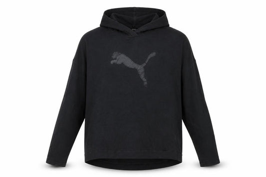 Front view of Puma Women's Black Pullover Hoodie, size 12, Hooded Logo Sweatshirt