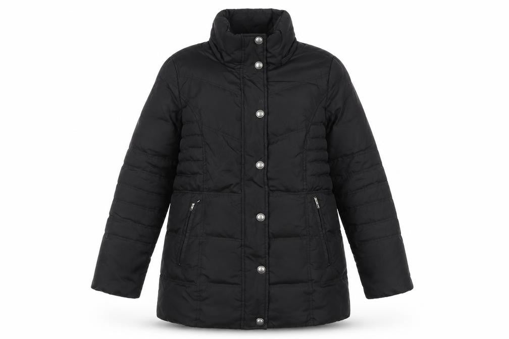 Front view of London Fog women’s black mid-length puffer coat jacket m